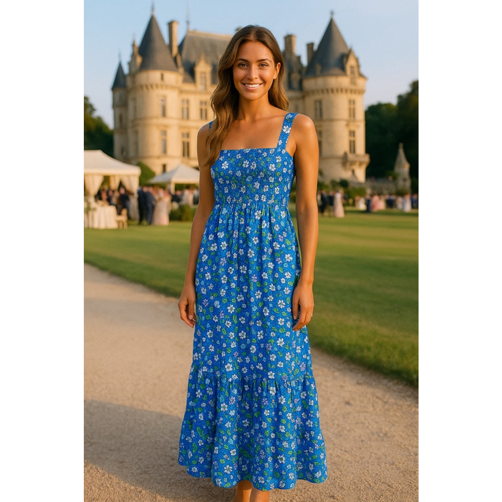 LOFT Blue Floral Smocked Maxi Dress Cottagecore Romantic Garden XS Wedding Party